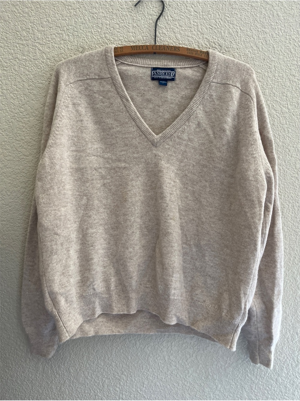 Lands’ End Oatmeal Lambswool V Neck Sweater Women’s Size Medium